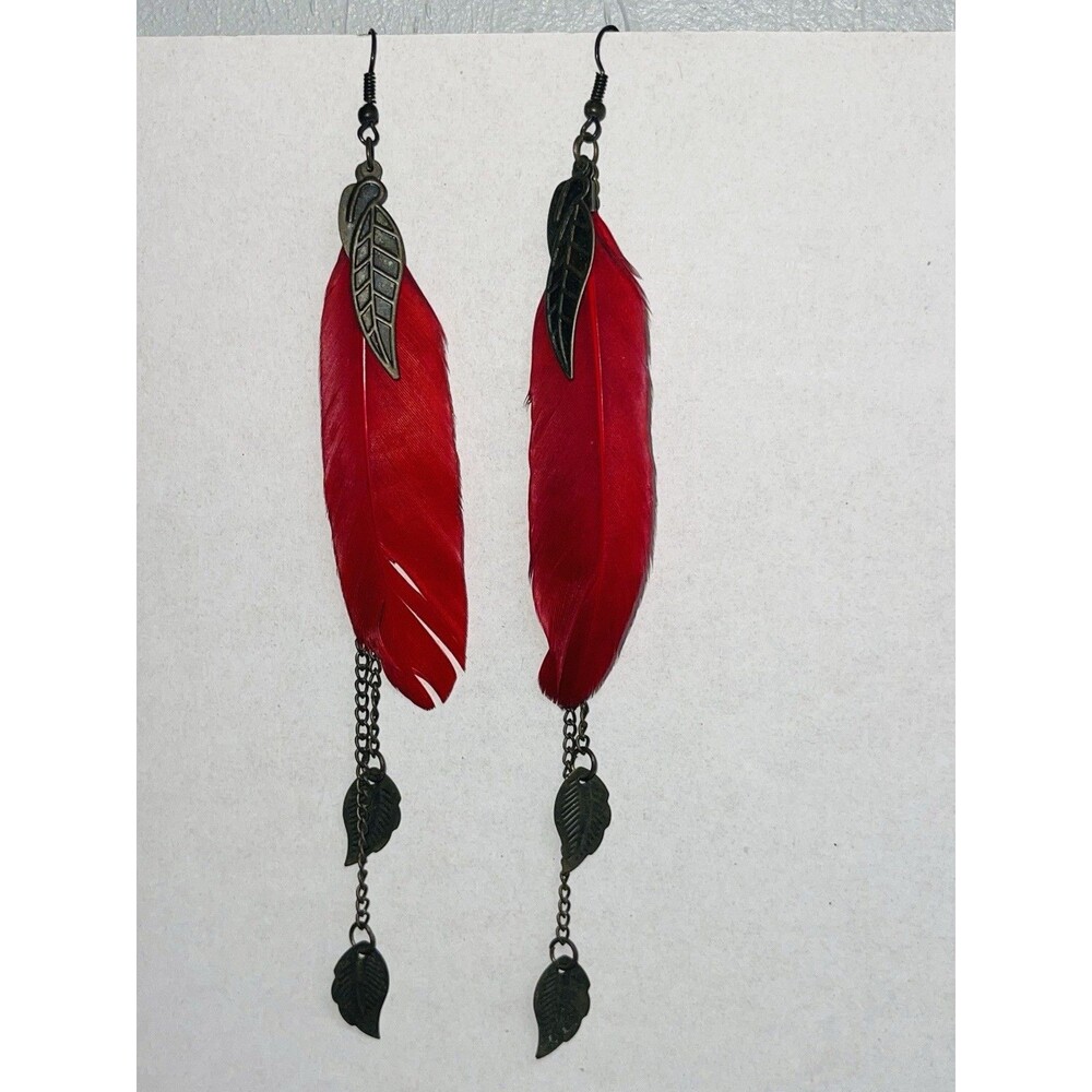 Boho Red Feather Dangle Earrings Antique Bronze Leaf Chains Long Statement - Picture 2 of 4